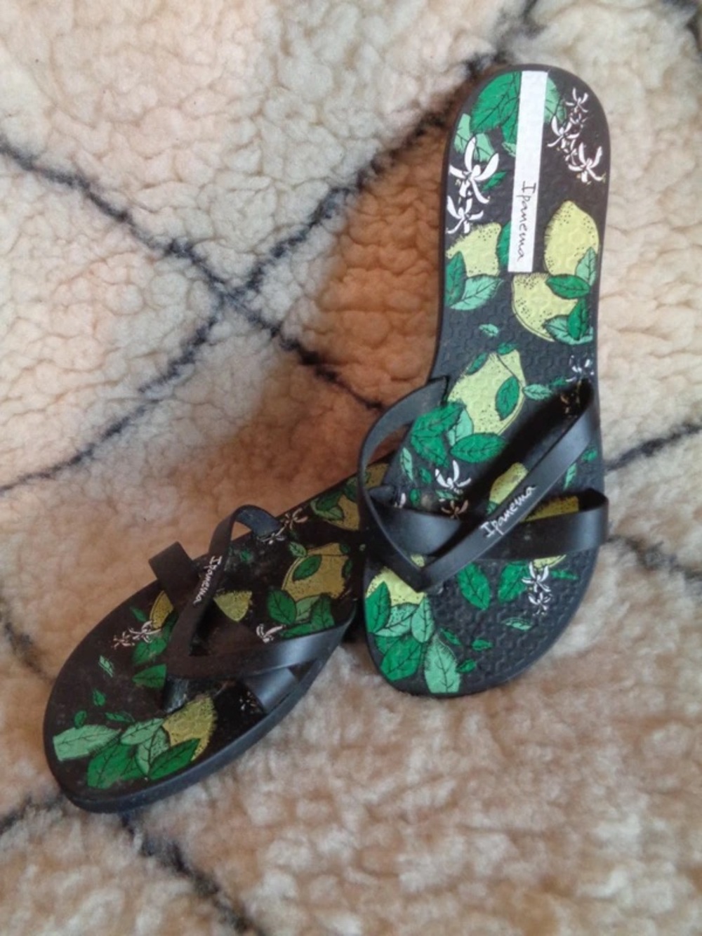 Ipanema Black Sandals with Green and Yellow Leaf Print